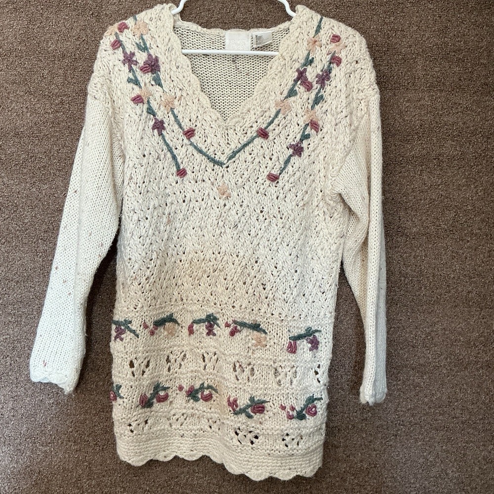 Needles & Yarn Vintage Cottage Core Pullover‎ V Neck Sweater M Knit Floral Cream